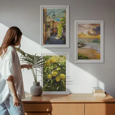 Wanddecoratie set schilderijen met afbeeldingen van straten, zee, strand en citrusbomen