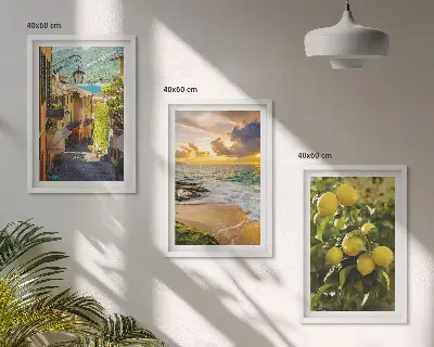 Wanddecoratie set schilderijen met afbeeldingen van straten, zee, strand en citrusbomen