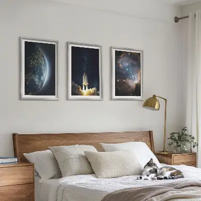 Wanddecoratie set schilderijen ruimte met aarde, raket en melkwegstelsel