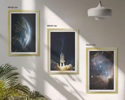 Wanddecoratie set schilderijen ruimte met aarde, raket en melkwegstelsel