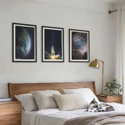 Wanddecoratie set schilderijen ruimte met aarde, raket en melkwegstelsel