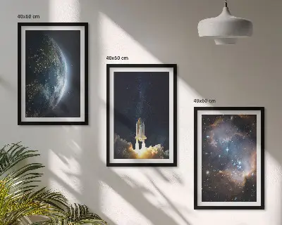 Wanddecoratie set schilderijen ruimte met aarde, raket en melkwegstelsel