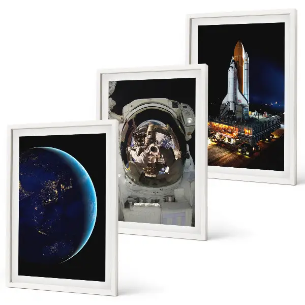 Wanddecoratie set schilderijen met ruimte, aarde, astronaut en raket