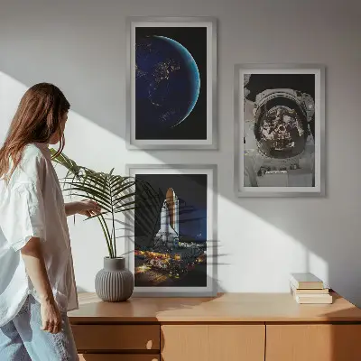 Wanddecoratie set schilderijen met ruimte, aarde, astronaut en raket