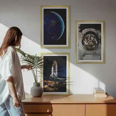 Wanddecoratie set schilderijen met ruimte, aarde, astronaut en raket