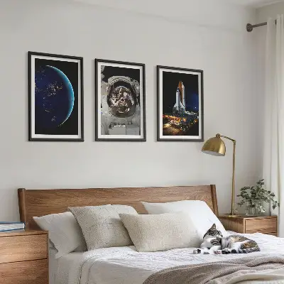 Wanddecoratie set schilderijen met ruimte, aarde, astronaut en raket
