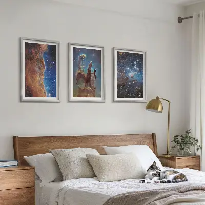Set van schilderijen als wanddecoratie met ruimtelandschappen van sterrenstelsels