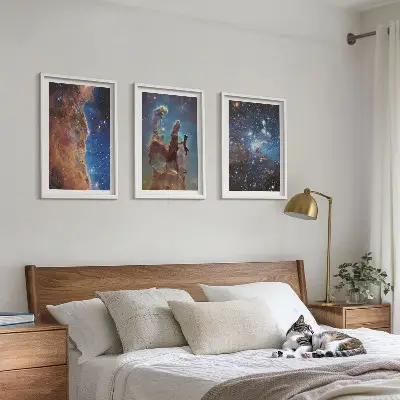 Set van schilderijen als wanddecoratie met ruimtelandschappen van sterrenstelsels
