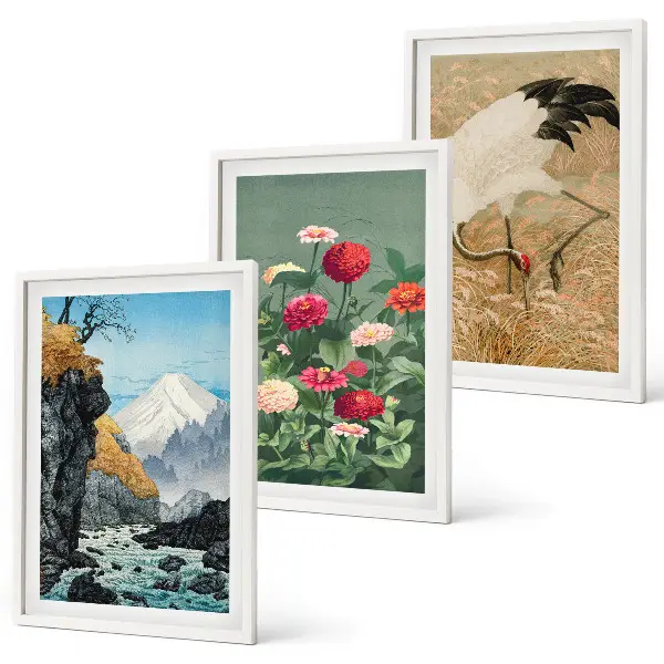 Fotowand met berglandschap, rivier, bloemen en kraanvogels