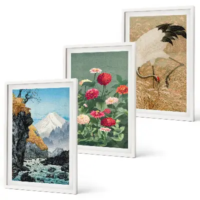 Fotowand Berglandschap rivier bloemen kraanvogels