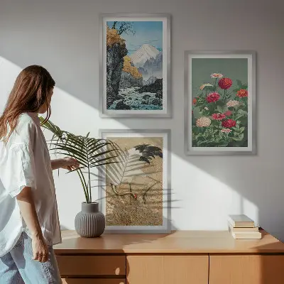 Fotowand met berglandschap, rivier, bloemen en kraanvogels