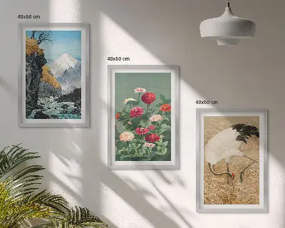 Fotowand met berglandschap, rivier, bloemen en kraanvogels
