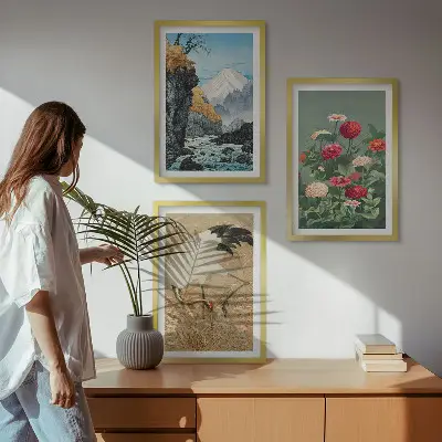 Fotowand met berglandschap, rivier, bloemen en kraanvogels