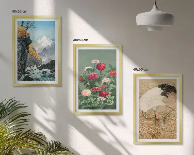 Fotowand met berglandschap, rivier, bloemen en kraanvogels