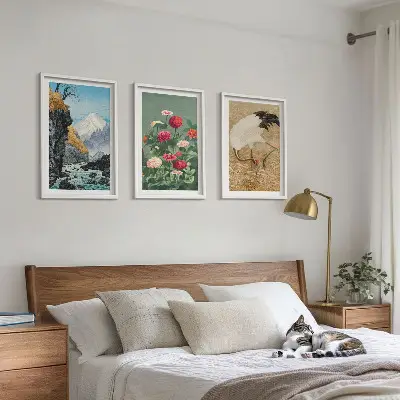 Fotowand met berglandschap, rivier, bloemen en kraanvogels