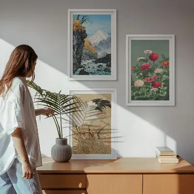 Fotowand met berglandschap, rivier, bloemen en kraanvogels