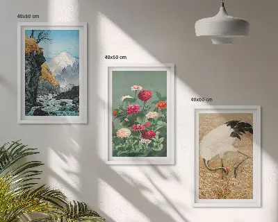 Fotowand met berglandschap, rivier, bloemen en kraanvogels