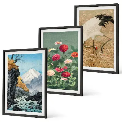 Fotowand met berglandschap, rivier, bloemen en kraanvogels