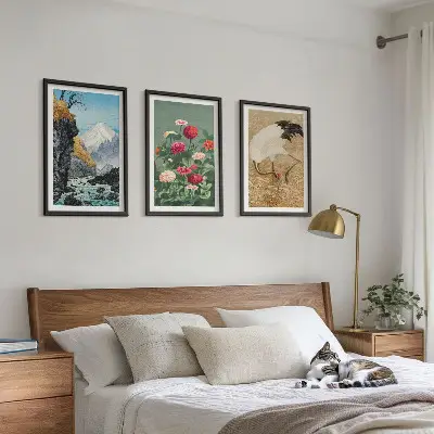 Fotowand met berglandschap, rivier, bloemen en kraanvogels
