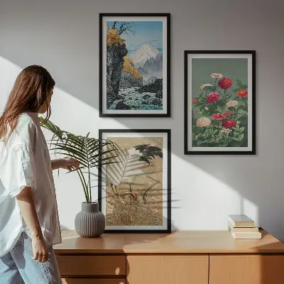 Fotowand met berglandschap, rivier, bloemen en kraanvogels