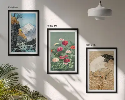 Fotowand met berglandschap, rivier, bloemen en kraanvogels