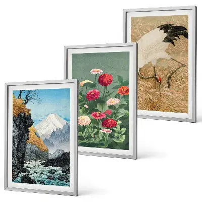 Fotowand met berglandschap, rivier, bloemen en kraanvogels