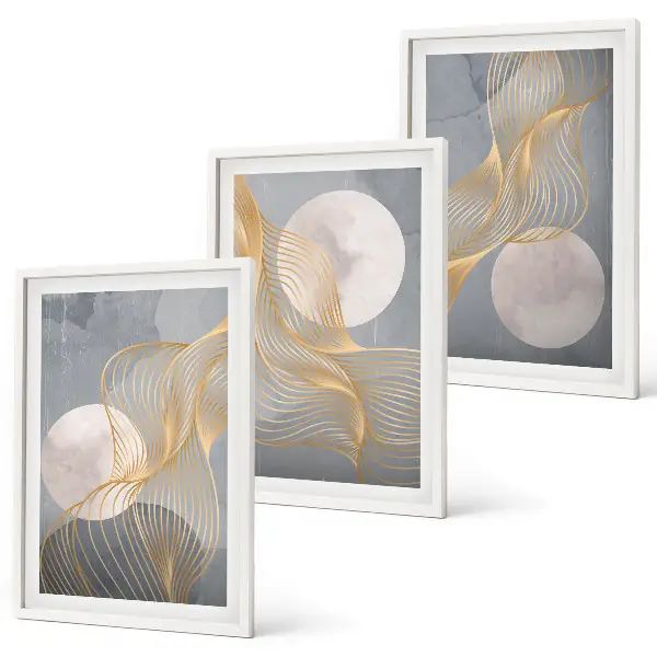 Wanddecoratieset schilderijen met abstracte patronen van golven en cirkels