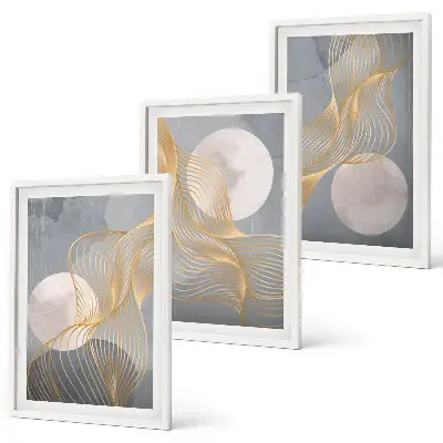 Wanddecoratieset schilderijen met abstracte patronen van golven en cirkels