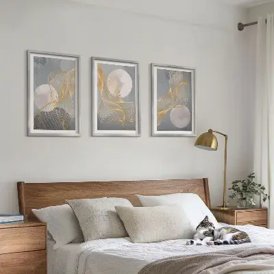 Wanddecoratieset schilderijen met abstracte patronen van golven en cirkels