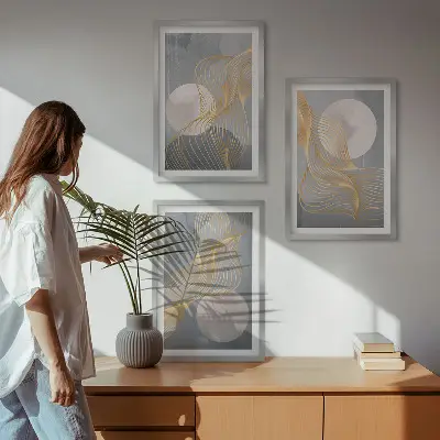 Wanddecoratieset schilderijen met abstracte patronen van golven en cirkels