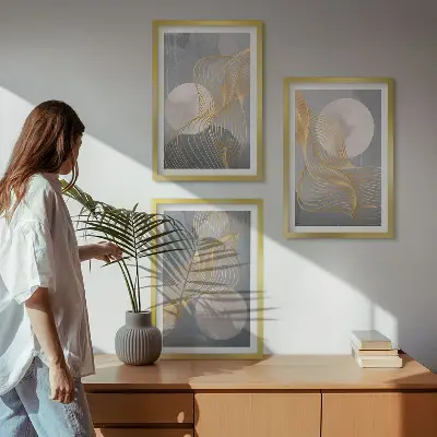 Wanddecoratieset schilderijen met abstracte patronen van golven en cirkels