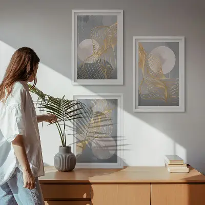 Wanddecoratieset schilderijen met abstracte patronen van golven en cirkels
