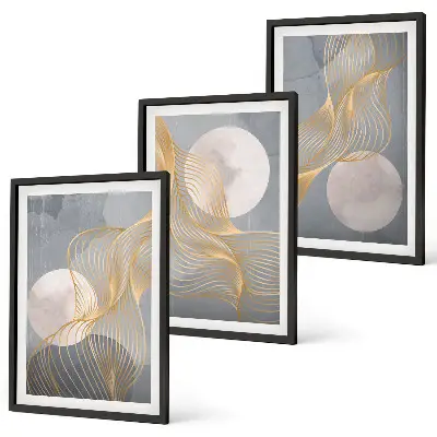 Wanddecoratieset schilderijen met abstracte patronen van golven en cirkels