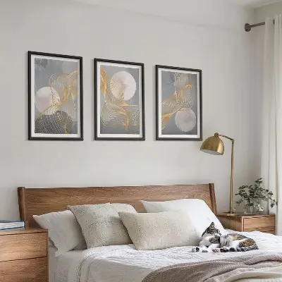 Wanddecoratieset schilderijen met abstracte patronen van golven en cirkels