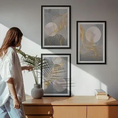 Wanddecoratieset schilderijen met abstracte patronen van golven en cirkels