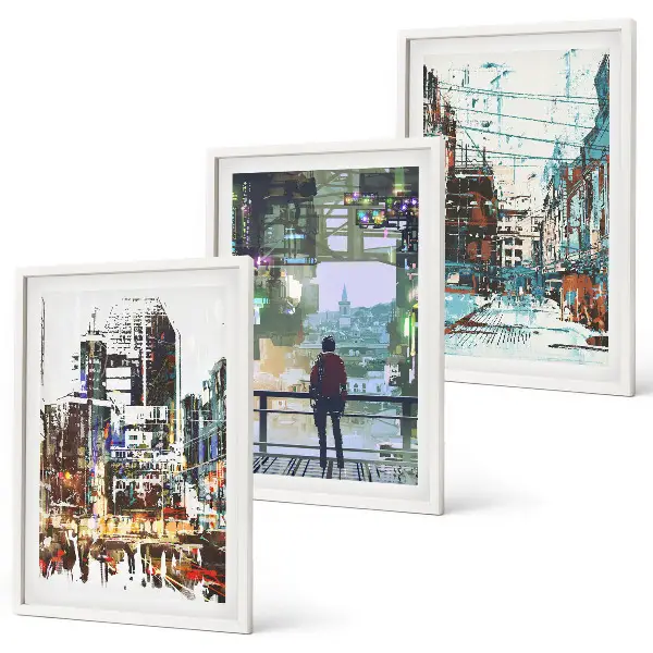 Wanddecoratie set schilderijen moderne steden met kleurrijke personages