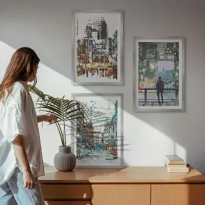 Wanddecoratie set schilderijen moderne steden met kleurrijke personages