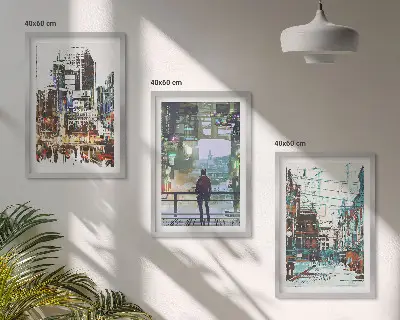 Wanddecoratie set schilderijen moderne steden met kleurrijke personages