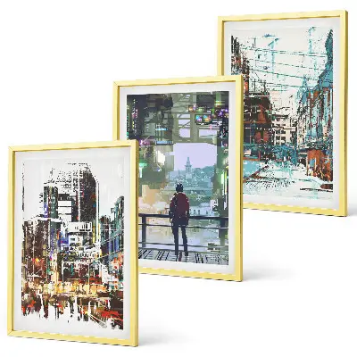 Wanddecoratie set schilderijen moderne steden met kleurrijke personages