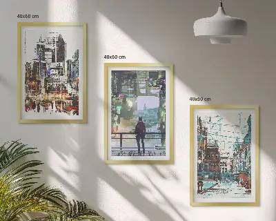 Wanddecoratie set schilderijen moderne steden met kleurrijke personages