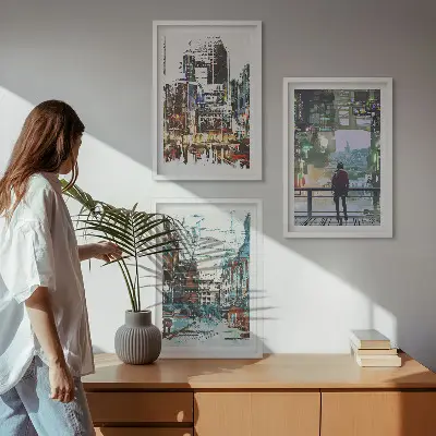 Wanddecoratie set schilderijen moderne steden met kleurrijke personages