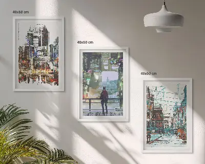 Wanddecoratie set schilderijen moderne steden met kleurrijke personages