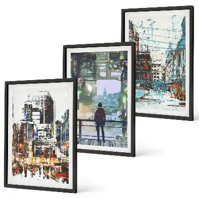Wanddecoratie set schilderijen moderne steden met kleurrijke personages