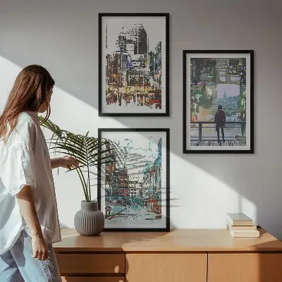 Wanddecoratie set schilderijen moderne steden met kleurrijke personages