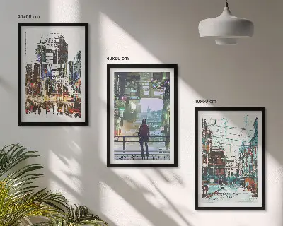 Wanddecoratie set schilderijen moderne steden met kleurrijke personages