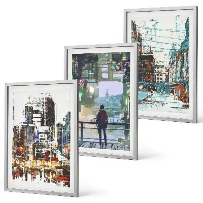 Wanddecoratie set schilderijen moderne steden met kleurrijke personages