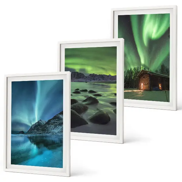 Wanddecoratie set schilderijen met winterlandschappen, noorderlicht en bergen