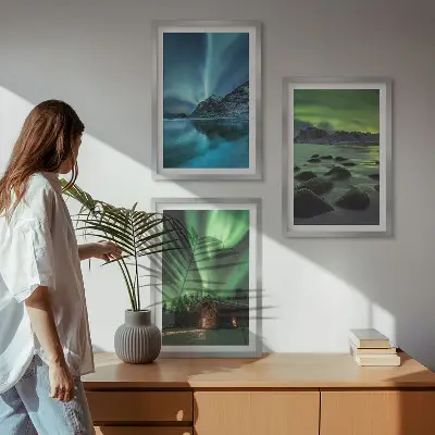 Wanddecoratie set schilderijen met winterlandschappen, noorderlicht en bergen