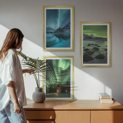 Wanddecoratie set schilderijen met winterlandschappen, noorderlicht en bergen