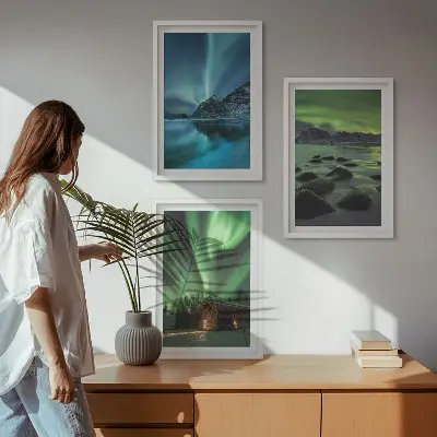 Wanddecoratie set schilderijen met winterlandschappen, noorderlicht en bergen